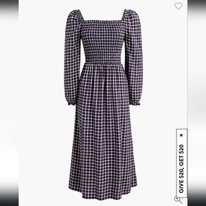 J.Crew Factory Flannel Smocked Midi Dress XS Navy/Red/White Check (NWOT)